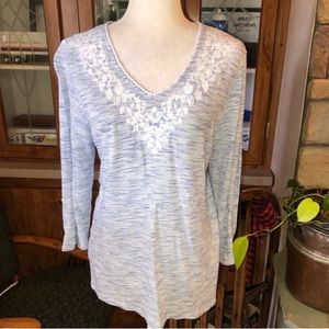 Chico’s size 1 medium blue and white 3/4 sleeve with white embroidery on chest.
